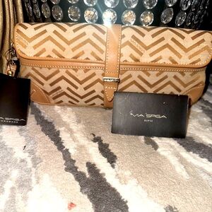 Via Spiga Monogram Clutch/ wristlet brown/Tan leather and fabric   - New !